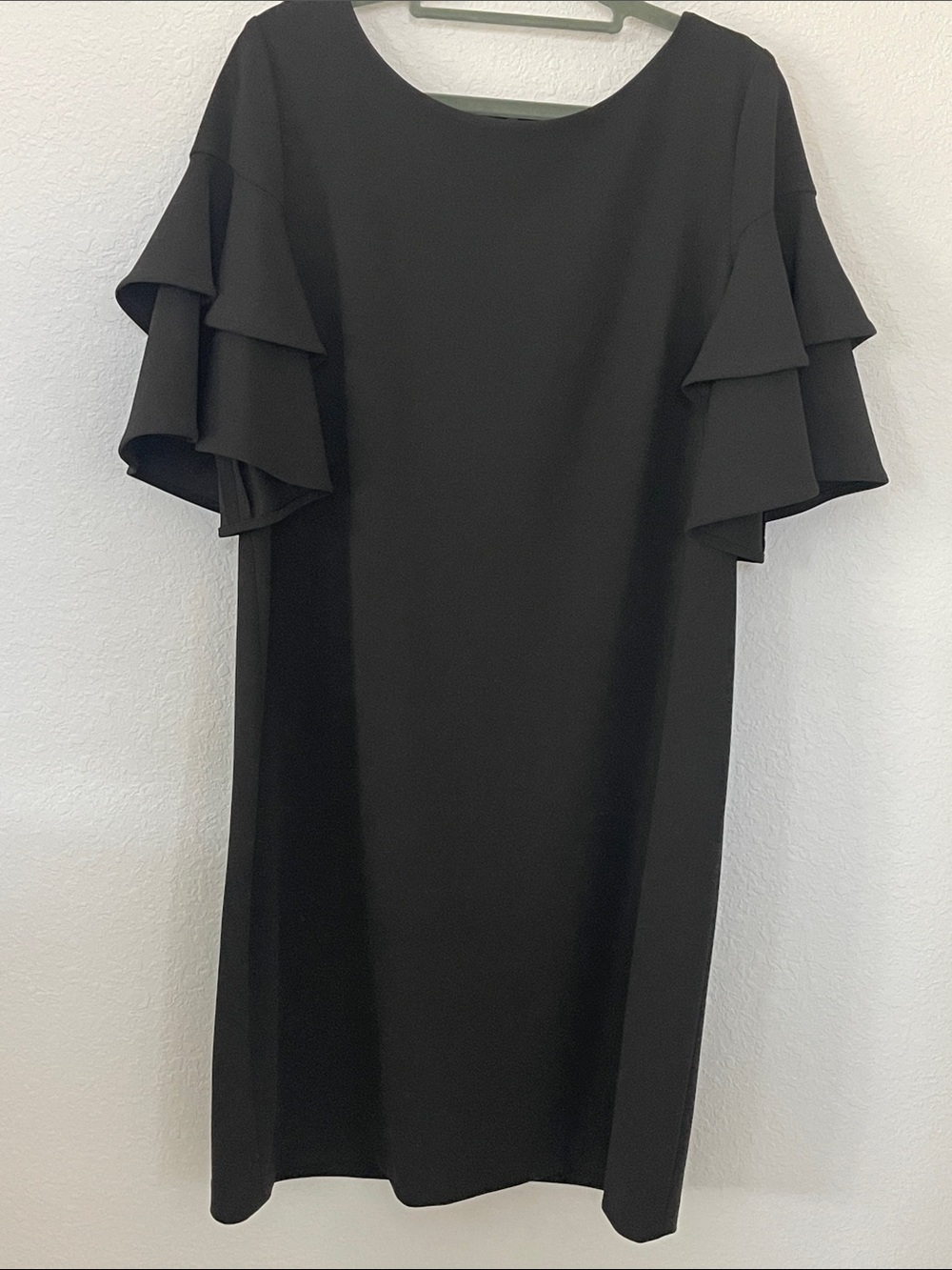 Calvin Klein Black Midi Dress with Layered Ruffle Sleeves Size 12